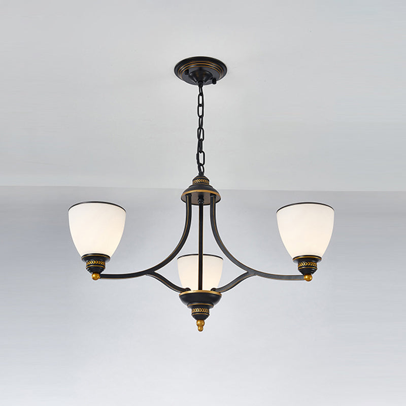 3/6/8-Light Milky Glass Chandelier Classic Black/Gold Bell Dining Room Suspension Pendant Light 3 Black Clearhalo 'Ceiling Lights' 'Chandeliers' Lighting' options 1970977_cf3c3030-63e0-4604-9cb8-37fd74662763