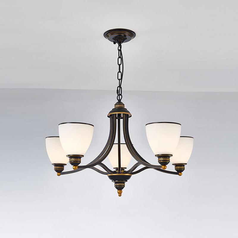 3/6/8-Light Milky Glass Chandelier Classic Black/Gold Bell Dining Room Suspension Pendant Light 5 Black Clearhalo 'Ceiling Lights' 'Chandeliers' Lighting' options 1970979_1f4afbd3-2379-42a8-8e9f-71e55d2f8e0e