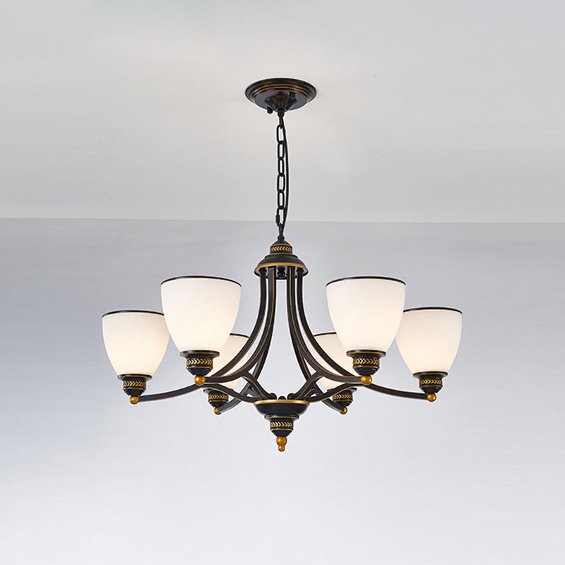 3/6/8-Light Milky Glass Chandelier Classic Black/Gold Bell Dining Room Suspension Pendant Light 6 Black Clearhalo 'Ceiling Lights' 'Chandeliers' Lighting' options 1970981_cbdd0984-f867-4630-b491-1b24eafd6bd3