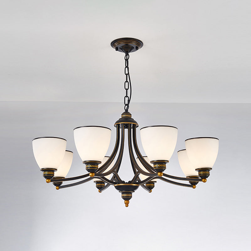 3/6/8-Light Milky Glass Chandelier Classic Black/Gold Bell Dining Room Suspension Pendant Light 8 Black Clearhalo 'Ceiling Lights' 'Chandeliers' Lighting' options 1970983_5d71a941-1924-4c76-869d-f487b6e79db0