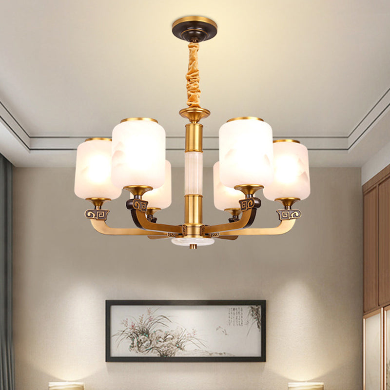 Frosted Glass Cylinder Pendant Light Retro 6/8-Bulb Living Room Chandelier with Landscape Print 6 Gold Clearhalo 'Ceiling Lights' 'Chandeliers' Lighting' options 1970985_1adf48f3-676a-40af-86af-12d5f1e6cd61