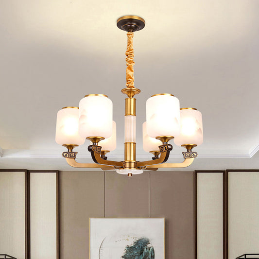 Frosted Glass Cylinder Pendant Light Retro 6/8-Bulb Living Room Chandelier with Landscape Print Clearhalo 'Ceiling Lights' 'Chandeliers' Lighting' options 1970986