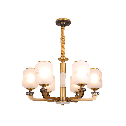 Frosted Glass Cylinder Pendant Light Retro 6/8-Bulb Living Room Chandelier with Landscape Print Clearhalo 'Ceiling Lights' 'Chandeliers' Lighting' options 1970987
