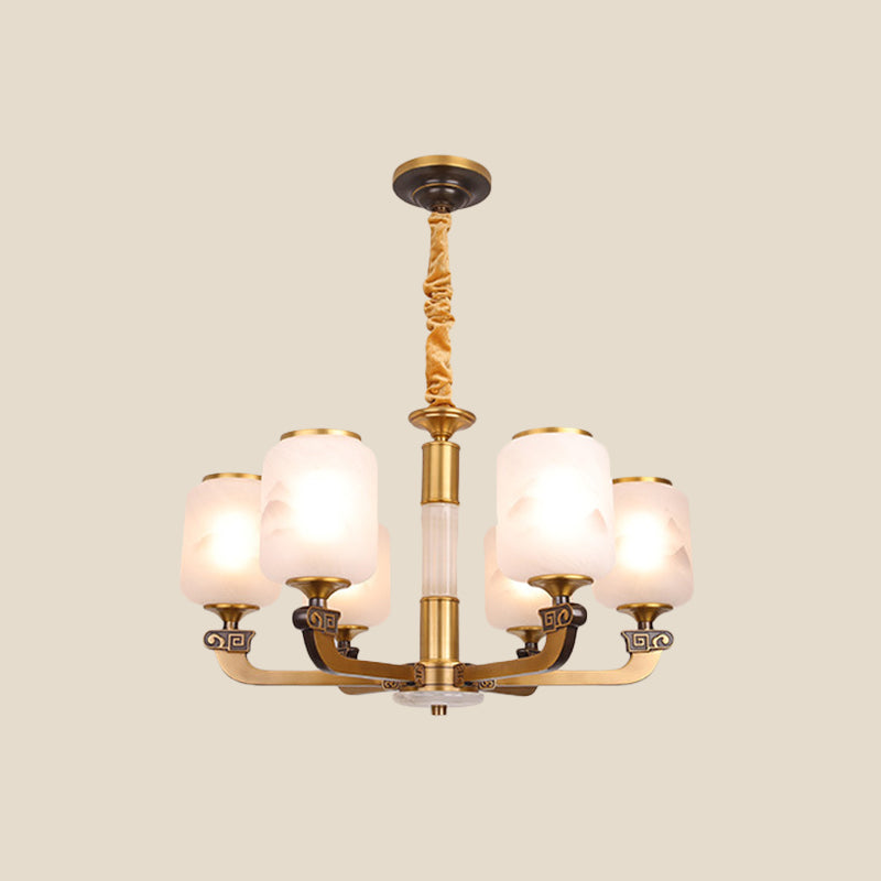 Frosted Glass Cylinder Pendant Light Retro 6/8-Bulb Living Room Chandelier with Landscape Print Clearhalo 'Ceiling Lights' 'Chandeliers' Lighting' options 1970988