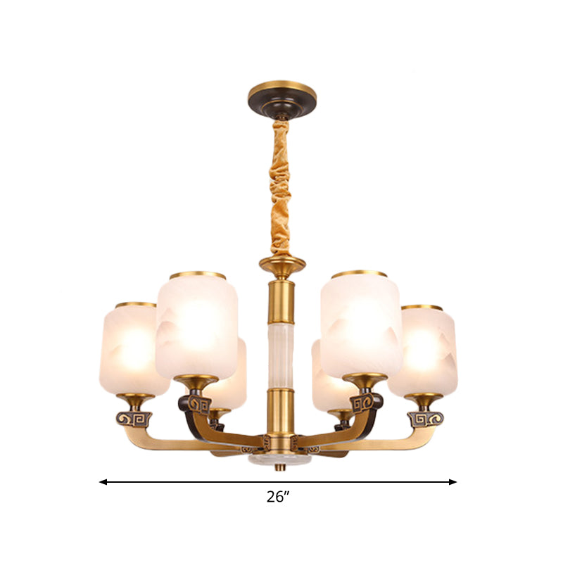Frosted Glass Cylinder Pendant Light Retro 6/8-Bulb Living Room Chandelier with Landscape Print Clearhalo 'Ceiling Lights' 'Chandeliers' Lighting' options 1970989