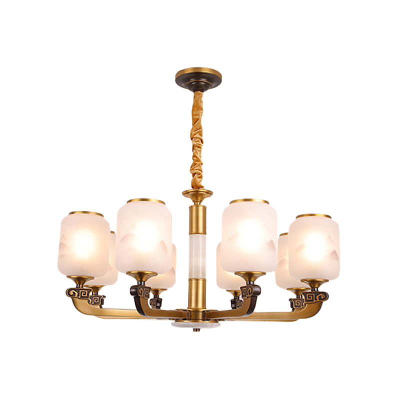 Frosted Glass Cylinder Pendant Light Retro 6/8-Bulb Living Room Chandelier with Landscape Print Clearhalo 'Ceiling Lights' 'Chandeliers' Lighting' options 1970992