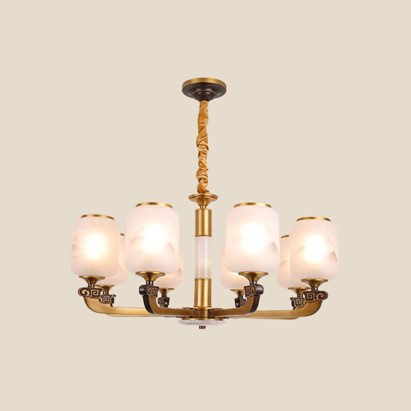 Frosted Glass Cylinder Pendant Light Retro 6/8-Bulb Living Room Chandelier with Landscape Print Clearhalo 'Ceiling Lights' 'Chandeliers' Lighting' options 1970993