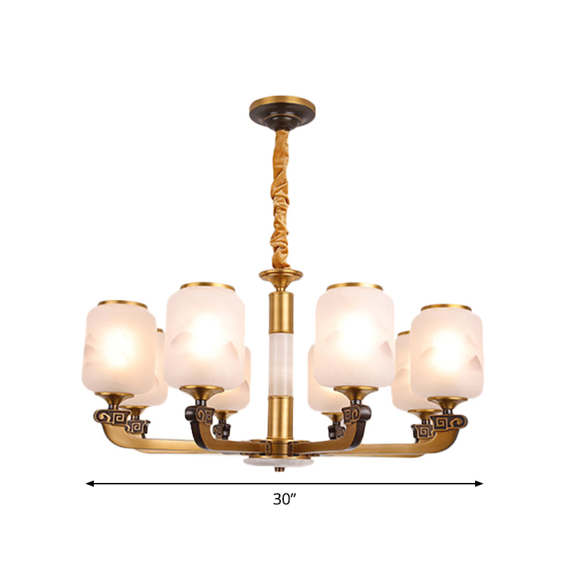 Frosted Glass Cylinder Pendant Light Retro 6/8-Bulb Living Room Chandelier with Landscape Print Clearhalo 'Ceiling Lights' 'Chandeliers' Lighting' options 1970994