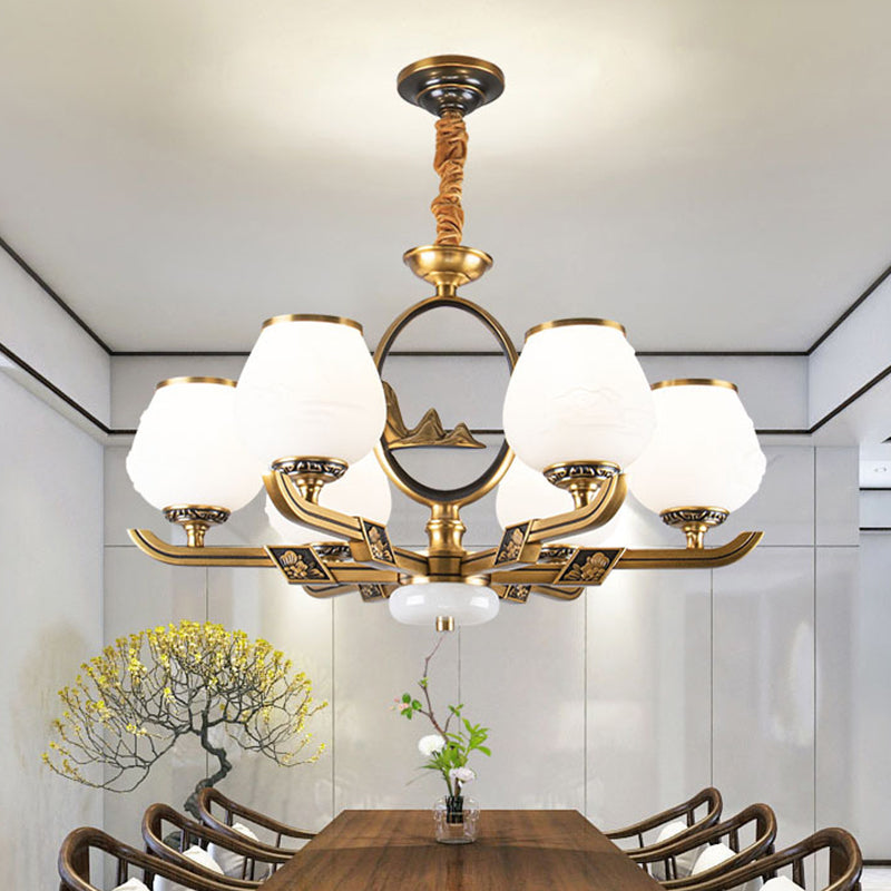6 Lights Chandelier Lamp Traditional Dining Room Hanging Light with Bud White Glass Shade in Brass Clearhalo 'Ceiling Lights' 'Chandeliers' Lighting' options 1971003