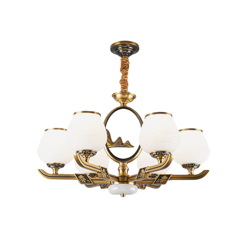 6 Lights Chandelier Lamp Traditional Dining Room Hanging Light with Bud White Glass Shade in Brass Clearhalo 'Ceiling Lights' 'Chandeliers' Lighting' options 1971004