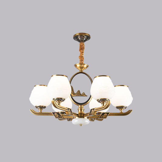 6 Lights Chandelier Lamp Traditional Dining Room Hanging Light with Bud White Glass Shade in Brass Clearhalo 'Ceiling Lights' 'Chandeliers' Lighting' options 1971005