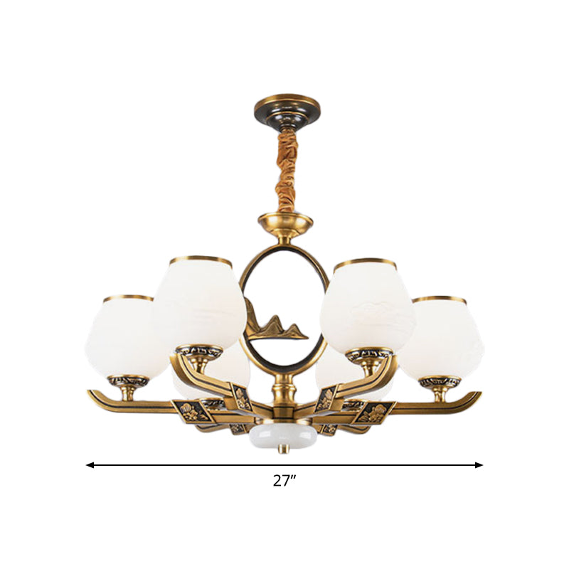 6 Lights Chandelier Lamp Traditional Dining Room Hanging Light with Bud White Glass Shade in Brass Clearhalo 'Ceiling Lights' 'Chandeliers' Lighting' options 1971006