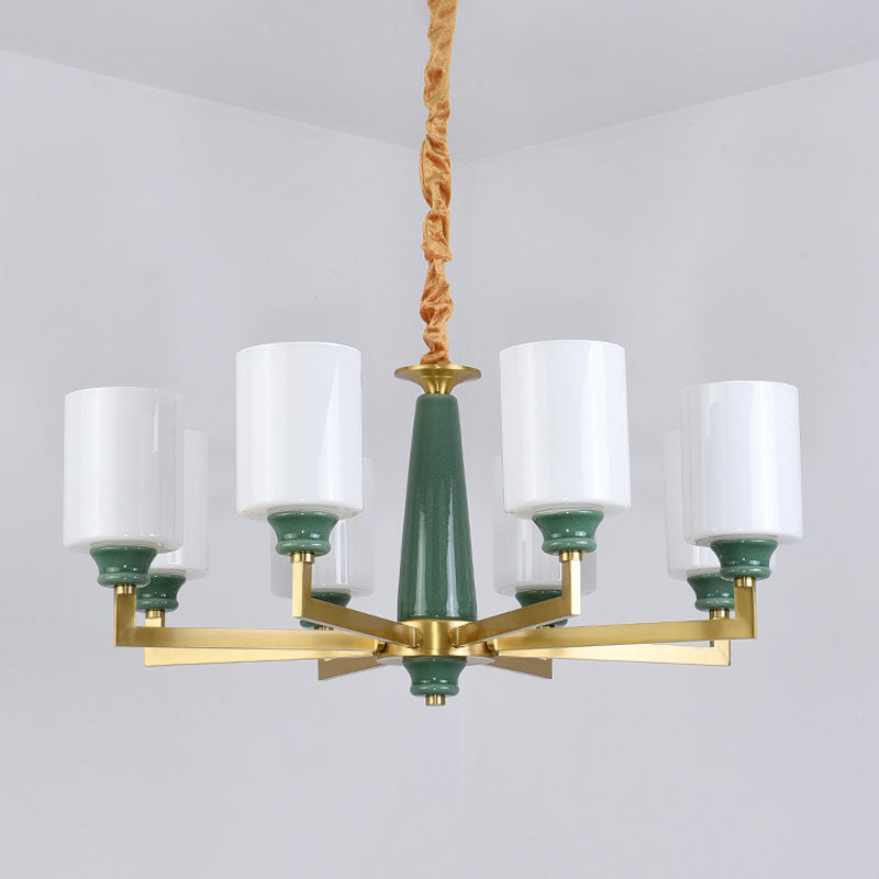 3/8/12 Lights Cylindrical Chandelier Retro Emerald White Glass Suspended Lighting Fixture Clearhalo 'Ceiling Lights' 'Chandeliers' Lighting' options 1971009