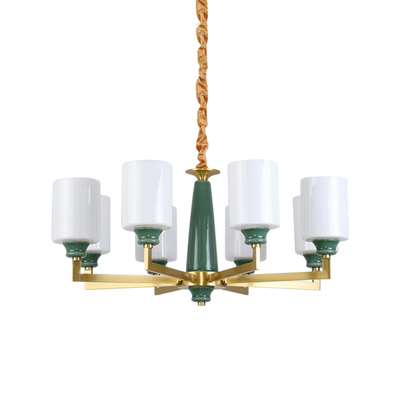 3/8/12 Lights Cylindrical Chandelier Retro Emerald White Glass Suspended Lighting Fixture Clearhalo 'Ceiling Lights' 'Chandeliers' Lighting' options 1971010