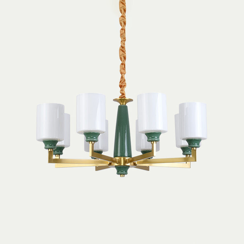 3/8/12 Lights Cylindrical Chandelier Retro Emerald White Glass Suspended Lighting Fixture Clearhalo 'Ceiling Lights' 'Chandeliers' Lighting' options 1971011