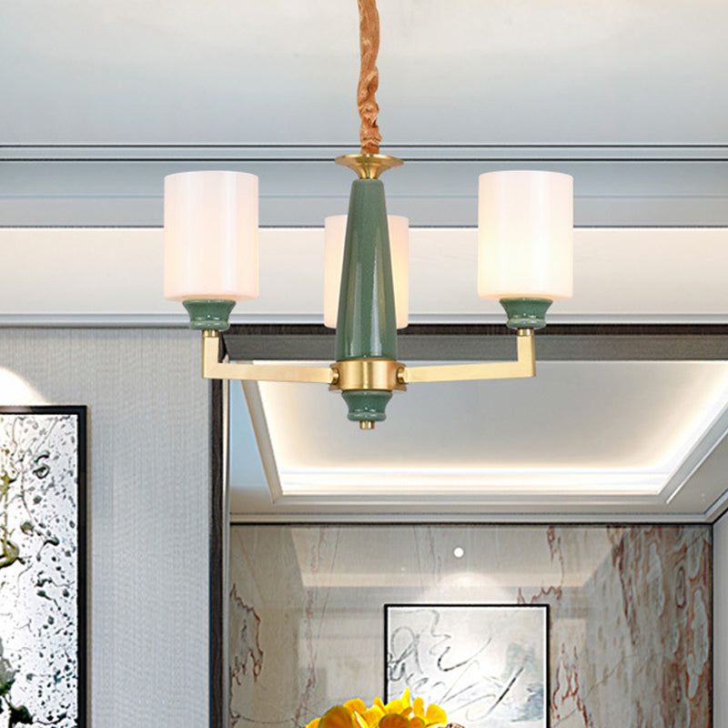 3/8/12 Lights Cylindrical Chandelier Retro Emerald White Glass Suspended Lighting Fixture 3 White Clearhalo 'Ceiling Lights' 'Chandeliers' Lighting' options 1971013_bcc7d457-48c9-46bb-9dce-f00b2ce8349c