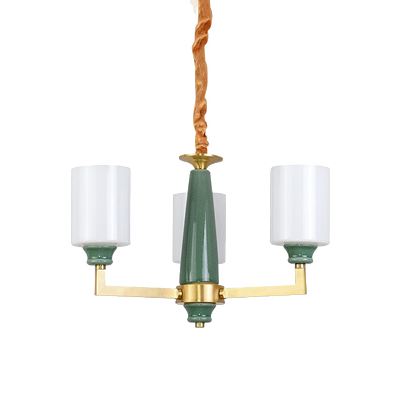 3/8/12 Lights Cylindrical Chandelier Retro Emerald White Glass Suspended Lighting Fixture Clearhalo 'Ceiling Lights' 'Chandeliers' Lighting' options 1971014