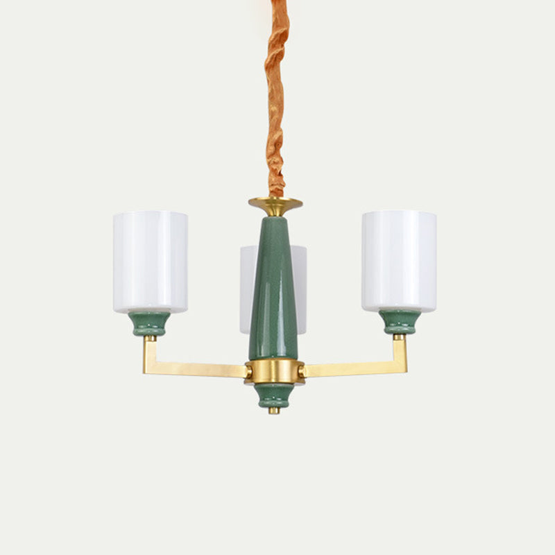 3/8/12 Lights Cylindrical Chandelier Retro Emerald White Glass Suspended Lighting Fixture Clearhalo 'Ceiling Lights' 'Chandeliers' Lighting' options 1971015