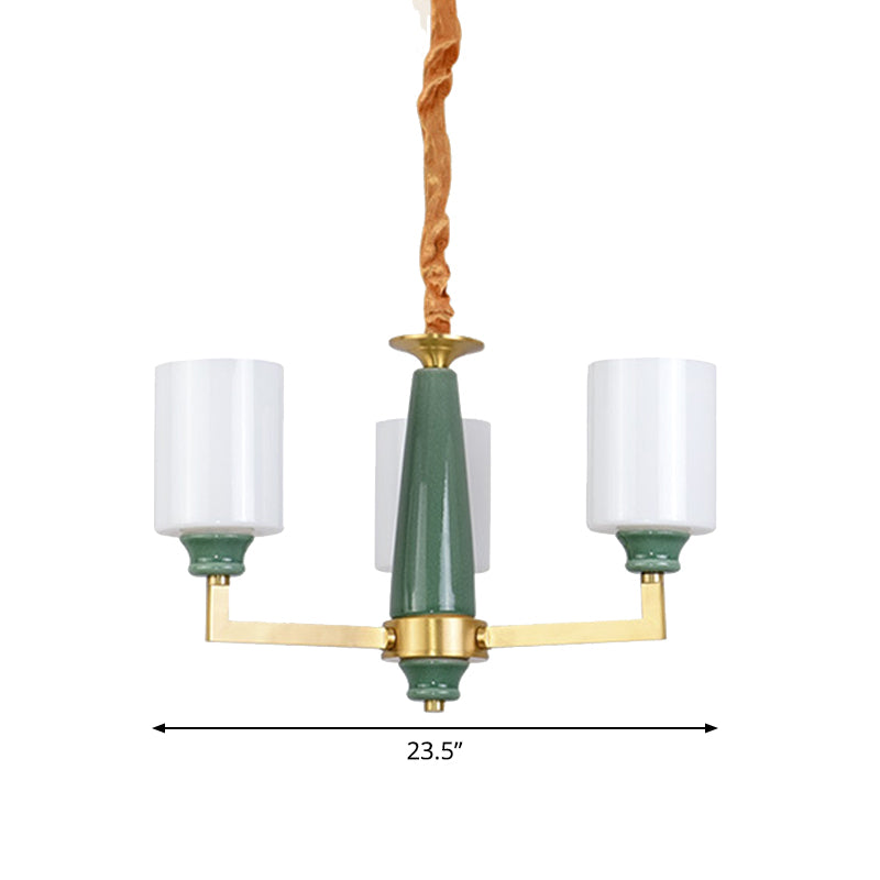 3/8/12 Lights Cylindrical Chandelier Retro Emerald White Glass Suspended Lighting Fixture Clearhalo 'Ceiling Lights' 'Chandeliers' Lighting' options 1971016