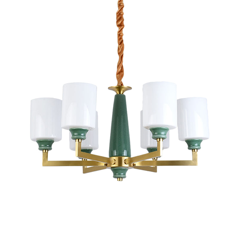 3/8/12 Lights Cylindrical Chandelier Retro Emerald White Glass Suspended Lighting Fixture Clearhalo 'Ceiling Lights' 'Chandeliers' Lighting' options 1971018