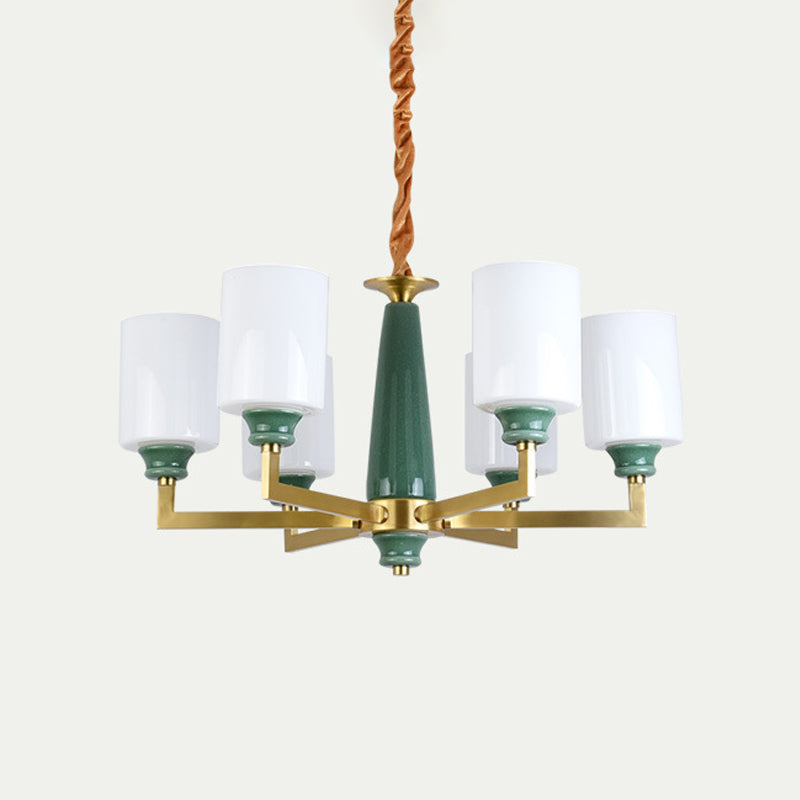 3/8/12 Lights Cylindrical Chandelier Retro Emerald White Glass Suspended Lighting Fixture Clearhalo 'Ceiling Lights' 'Chandeliers' Lighting' options 1971019