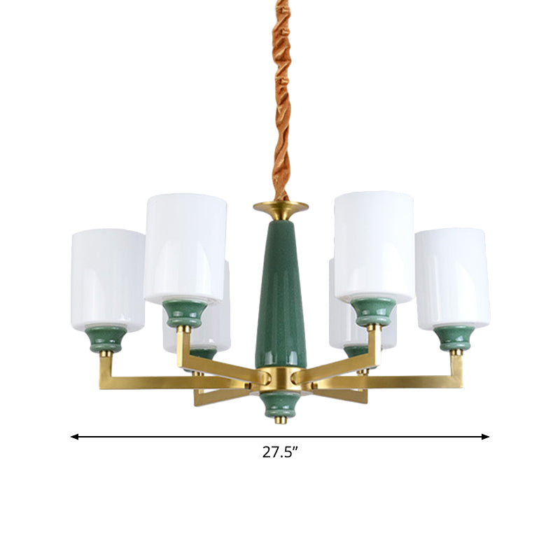 3/8/12 Lights Cylindrical Chandelier Retro Emerald White Glass Suspended Lighting Fixture Clearhalo 'Ceiling Lights' 'Chandeliers' Lighting' options 1971020