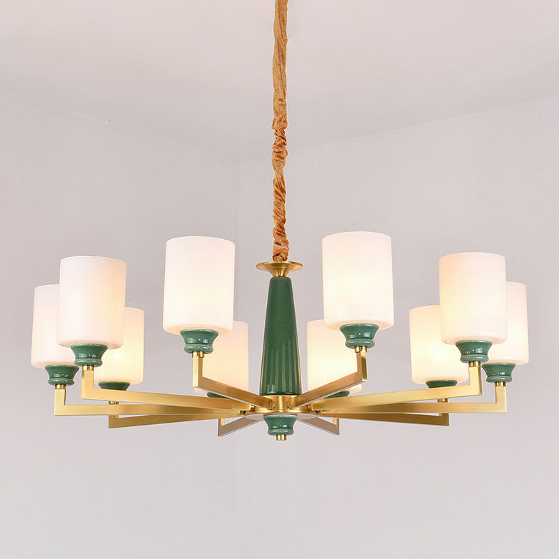 3/8/12 Lights Cylindrical Chandelier Retro Emerald White Glass Suspended Lighting Fixture 10 White Clearhalo 'Ceiling Lights' 'Chandeliers' Lighting' options 1971021_6f3f00d4-805d-46f2-8a75-2b89cb7b4d49