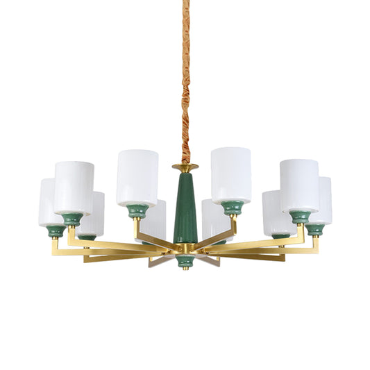 3/8/12 Lights Cylindrical Chandelier Retro Emerald White Glass Suspended Lighting Fixture Clearhalo 'Ceiling Lights' 'Chandeliers' Lighting' options 1971022