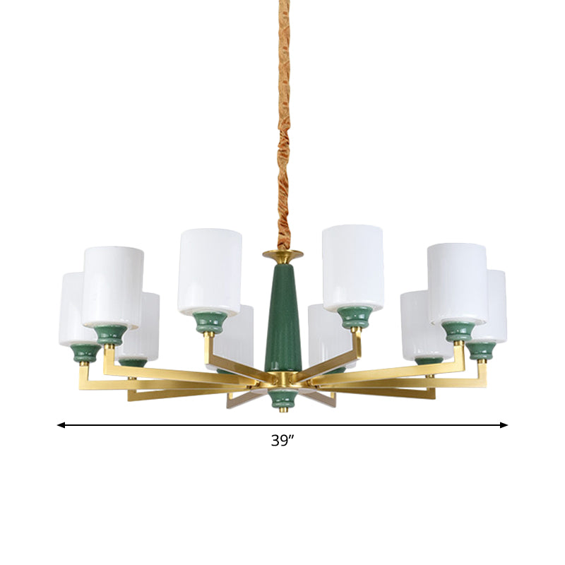3/8/12 Lights Cylindrical Chandelier Retro Emerald White Glass Suspended Lighting Fixture Clearhalo 'Ceiling Lights' 'Chandeliers' Lighting' options 1971024