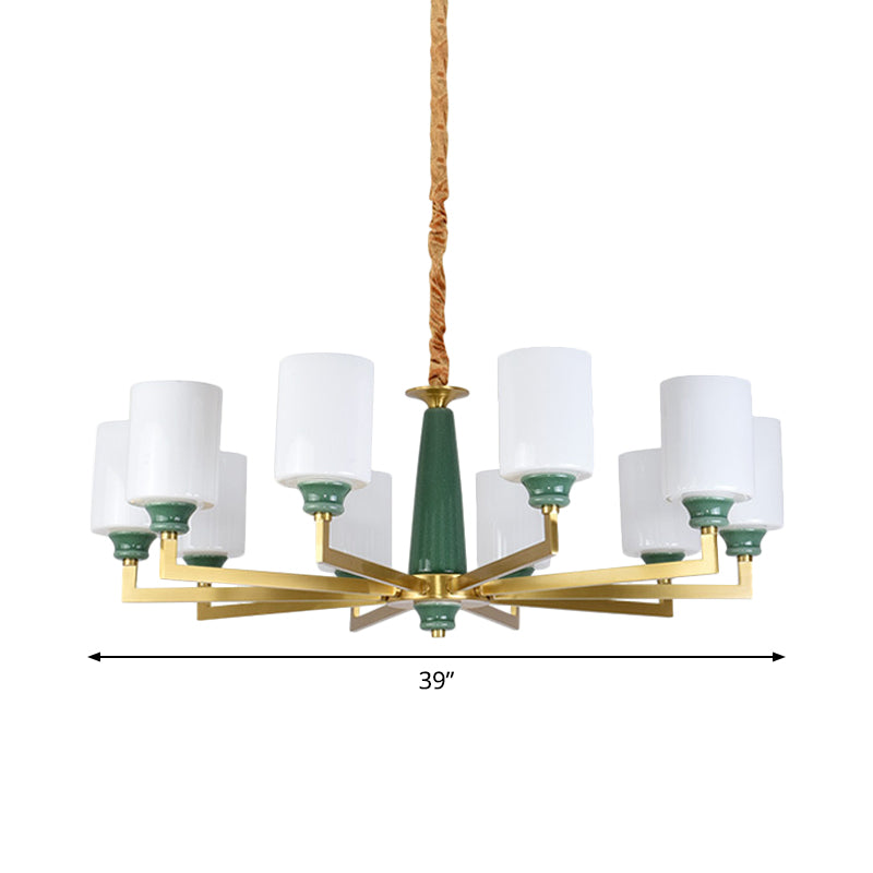 3/8/12 Lights Cylindrical Chandelier Retro Emerald White Glass Suspended Lighting Fixture Clearhalo 'Ceiling Lights' 'Chandeliers' Lighting' options 1971024