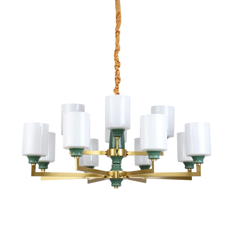 3/8/12 Lights Cylindrical Chandelier Retro Emerald White Glass Suspended Lighting Fixture Clearhalo 'Ceiling Lights' 'Chandeliers' Lighting' options 1971026