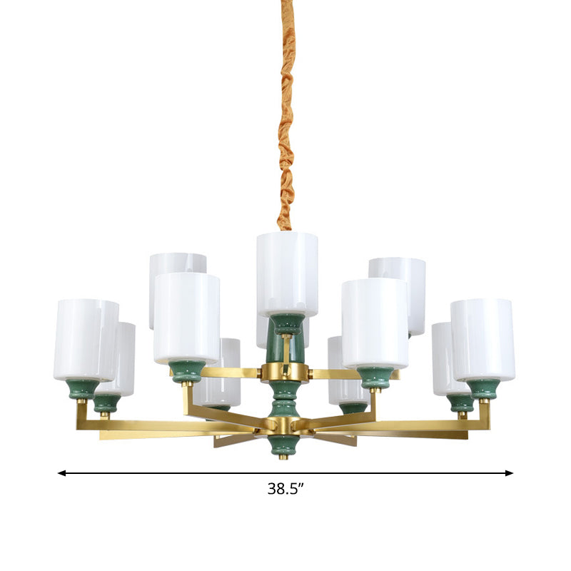 3/8/12 Lights Cylindrical Chandelier Retro Emerald White Glass Suspended Lighting Fixture Clearhalo 'Ceiling Lights' 'Chandeliers' Lighting' options 1971028