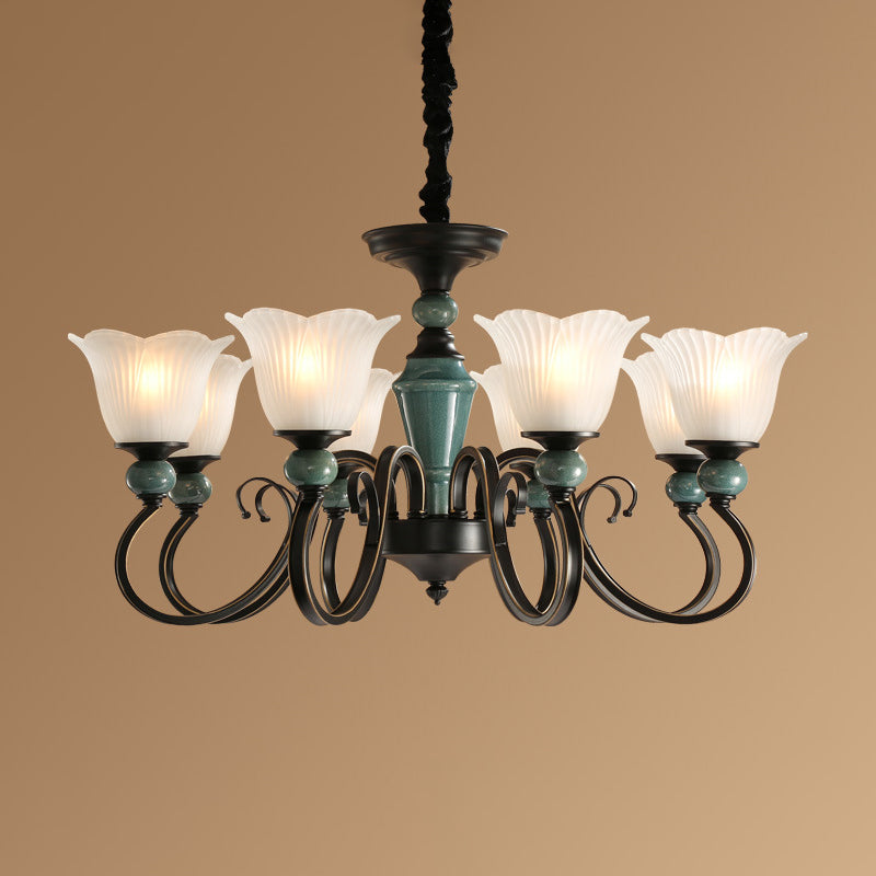 Farmhouse Blossom Up Chandelier 3/8/12 Heads Frosted Ribbed Glass Ceiling Hang Light in Blackish Green Clearhalo 'Ceiling Lights' 'Chandeliers' Lighting' options 1971031