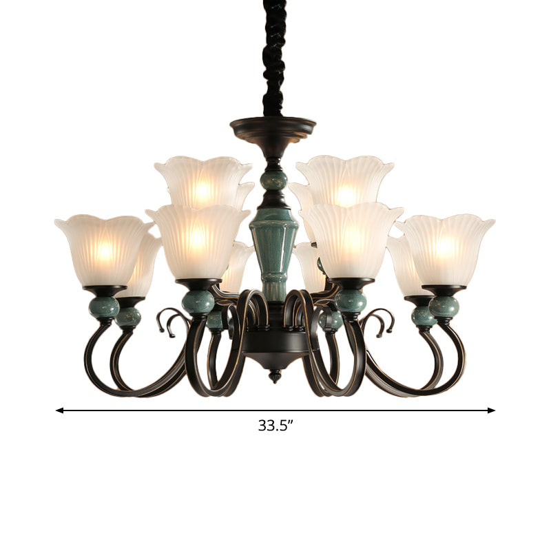 Farmhouse Blossom Up Chandelier 3/8/12 Heads Frosted Ribbed Glass Ceiling Hang Light in Blackish Green Clearhalo 'Ceiling Lights' 'Chandeliers' Lighting' options 1971036