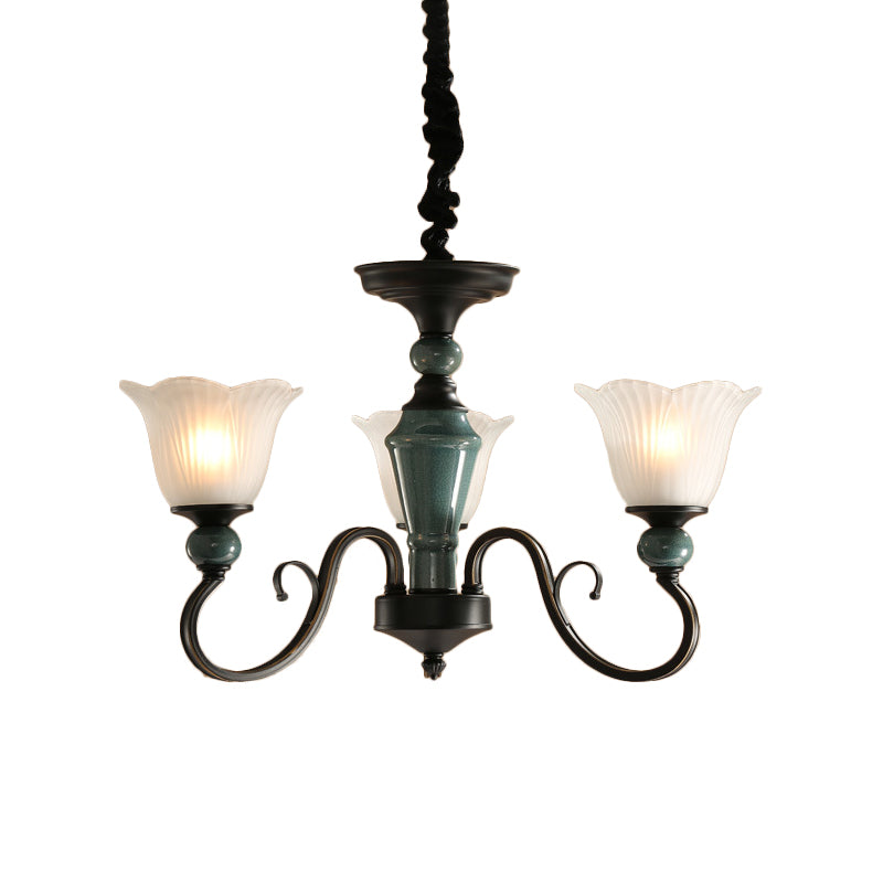 Farmhouse Blossom Up Chandelier 3/8/12 Heads Frosted Ribbed Glass Ceiling Hang Light in Blackish Green Clearhalo 'Ceiling Lights' 'Chandeliers' Lighting' options 1971042