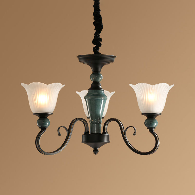 Farmhouse Blossom Up Chandelier 3/8/12 Heads Frosted Ribbed Glass Ceiling Hang Light in Blackish Green Clearhalo 'Ceiling Lights' 'Chandeliers' Lighting' options 1971043