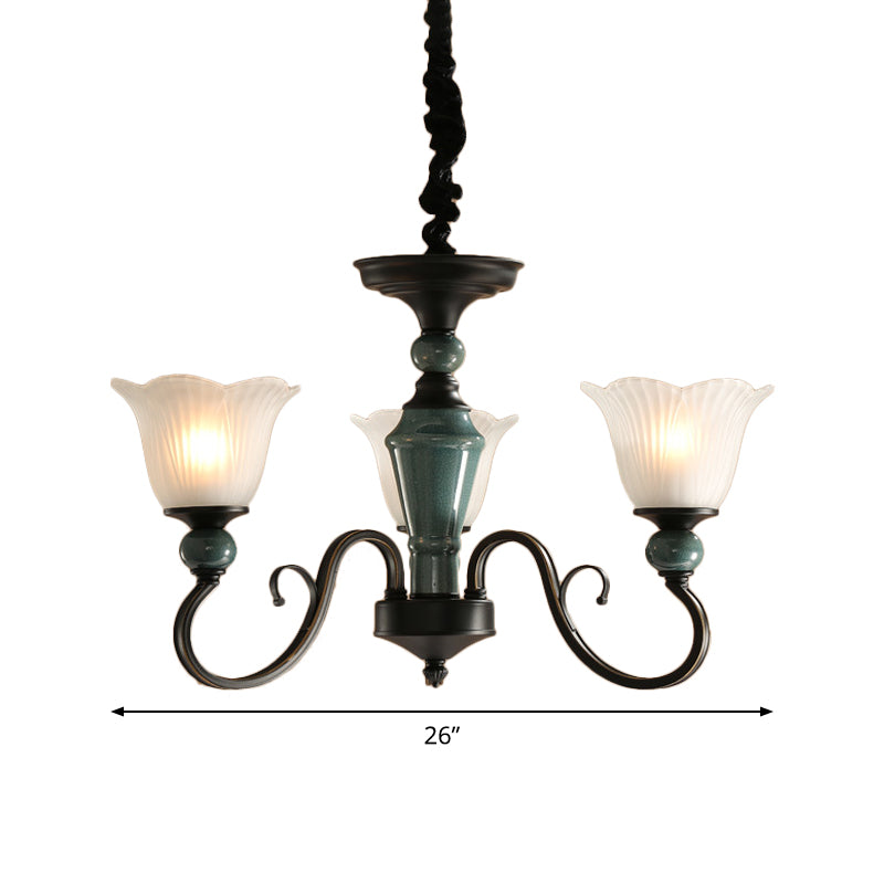 Farmhouse Blossom Up Chandelier 3/8/12 Heads Frosted Ribbed Glass Ceiling Hang Light in Blackish Green Clearhalo 'Ceiling Lights' 'Chandeliers' Lighting' options 1971044