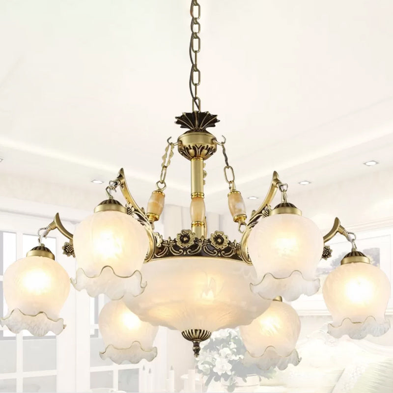 Traditional Floral Pendant Light Fixture 9-Bulb Frosted White Glass Chandelier Lamp in Bronze Clearhalo 'Ceiling Lights' 'Chandeliers' Lighting' options 1971065