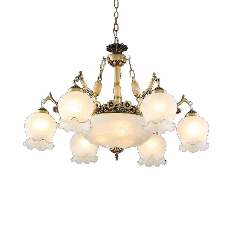 Traditional Floral Pendant Light Fixture 9-Bulb Frosted White Glass Chandelier Lamp in Bronze Clearhalo 'Ceiling Lights' 'Chandeliers' Lighting' options 1971066