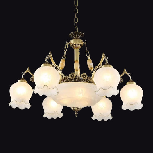 Traditional Floral Pendant Light Fixture 9-Bulb Frosted White Glass Chandelier Lamp in Bronze Clearhalo 'Ceiling Lights' 'Chandeliers' Lighting' options 1971067