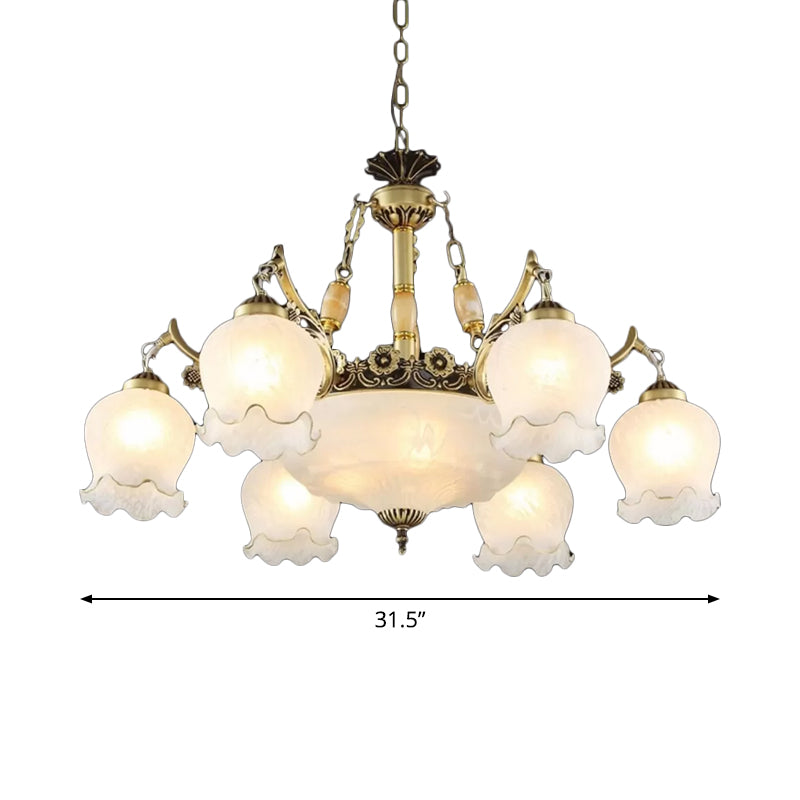 Traditional Floral Pendant Light Fixture 9-Bulb Frosted White Glass Chandelier Lamp in Bronze Clearhalo 'Ceiling Lights' 'Chandeliers' Lighting' options 1971068