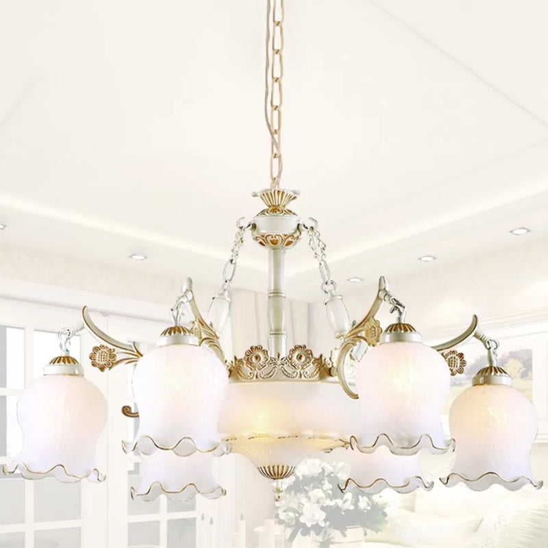 9 Heads Ivory Glass Pendant Lamp Traditional White/Bronze Flower Living Room Chandelier Light Clearhalo 'Ceiling Lights' 'Chandeliers' Lighting' options 1971069