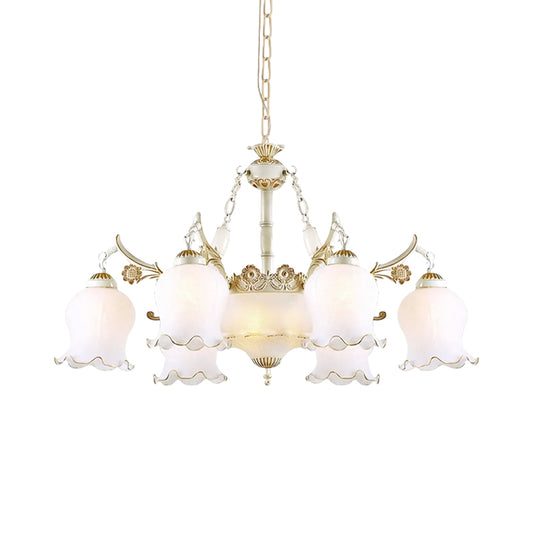 9 Heads Ivory Glass Pendant Lamp Traditional White/Bronze Flower Living Room Chandelier Light Clearhalo 'Ceiling Lights' 'Chandeliers' Lighting' options 1971070
