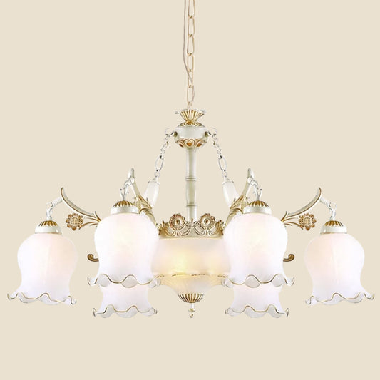9 Heads Ivory Glass Pendant Lamp Traditional White/Bronze Flower Living Room Chandelier Light Clearhalo 'Ceiling Lights' 'Chandeliers' Lighting' options 1971071