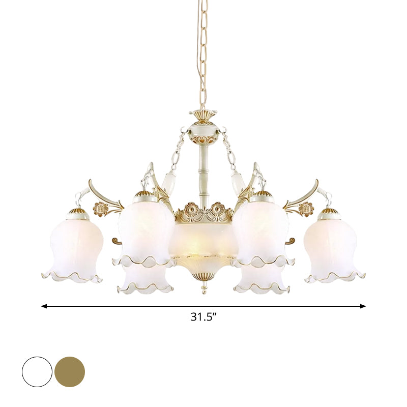 9 Heads Ivory Glass Pendant Lamp Traditional White/Bronze Flower Living Room Chandelier Light Clearhalo 'Ceiling Lights' 'Chandeliers' Lighting' options 1971072