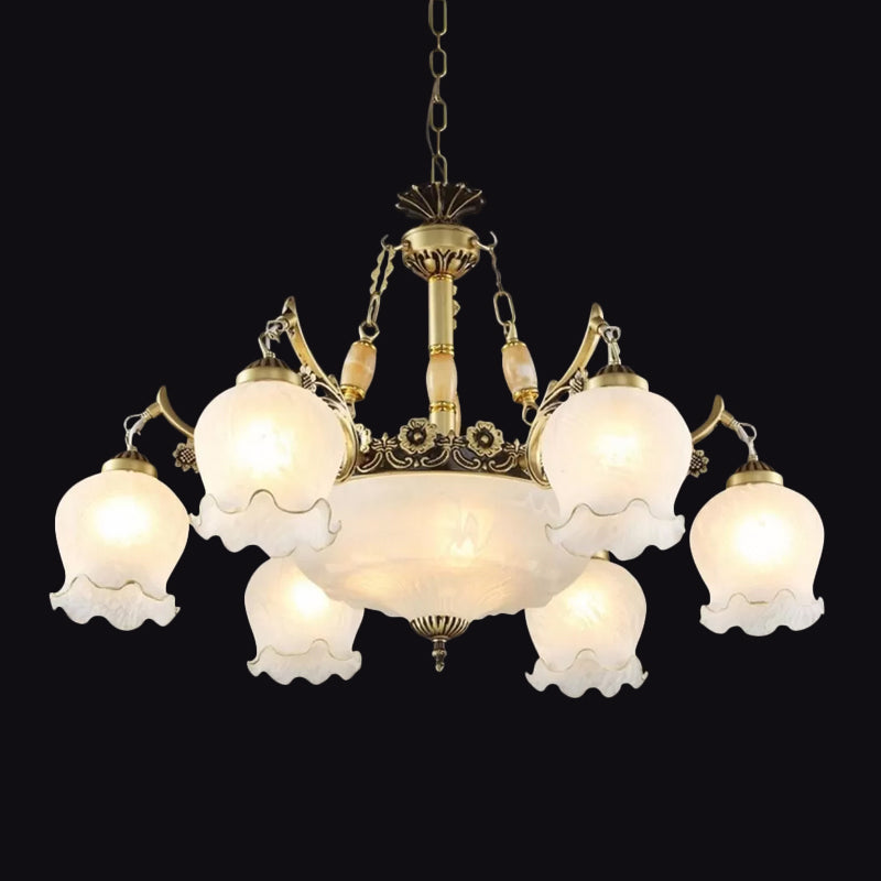 9 Heads Ivory Glass Pendant Lamp Traditional White/Bronze Flower Living Room Chandelier Light Clearhalo 'Ceiling Lights' 'Chandeliers' Lighting' options 1971075