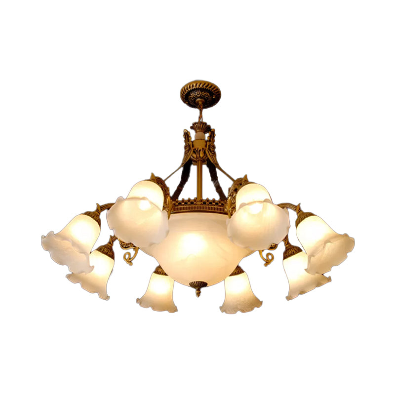 Flower Milky Glass Chandelier Lighting Farmhouse 11 Heads Dining Room Hanging Pendant in Bronze Clearhalo 'Ceiling Lights' 'Chandeliers' Lighting' options 1971077