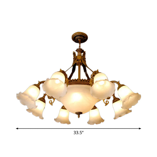 Flower Milky Glass Chandelier Lighting Farmhouse 11 Heads Dining Room Hanging Pendant in Bronze Clearhalo 'Ceiling Lights' 'Chandeliers' Lighting' options 1971078