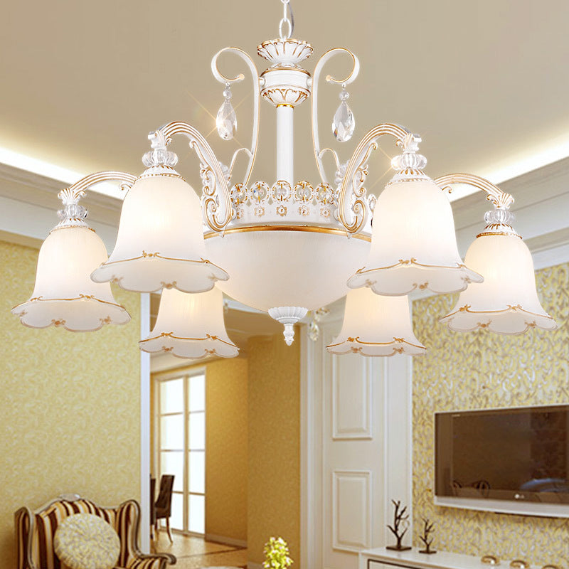 Floral Dining Room Up/Down Hanging Light Traditional Opal Glass 3/5/11-Bulb White Chandelier Lamp 9 White Down Clearhalo 'Ceiling Lights' 'Chandeliers' Lighting' options 1971109_7578bafd-ffd8-46c1-8564-a8051a879691