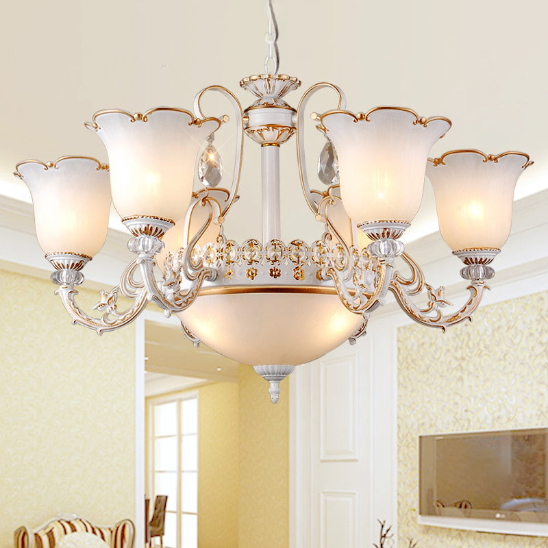 Floral Dining Room Up/Down Hanging Light Traditional Opal Glass 3/5/11-Bulb White Chandelier Lamp 9 White Up Clearhalo 'Ceiling Lights' 'Chandeliers' Lighting' options 1971124_b5ebc58b-d092-45d7-b4a6-2dee7abb7377